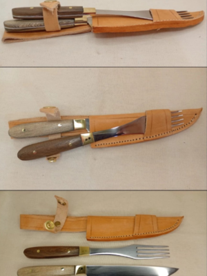 Juego de cuchillo y tenedor artesanal con Vaina cuero