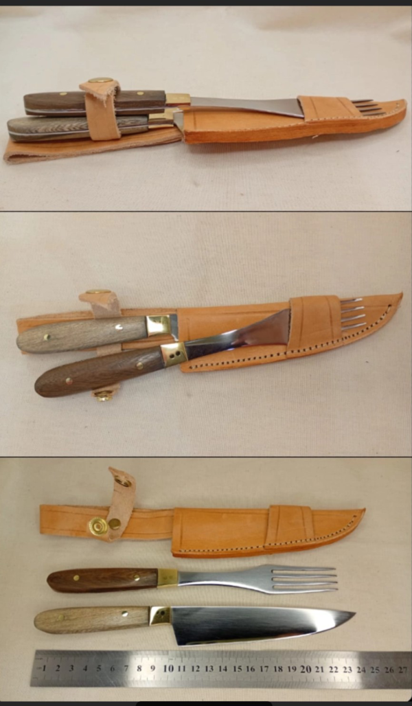Juego de cuchillo y tenedor artesanal con Vaina cuero